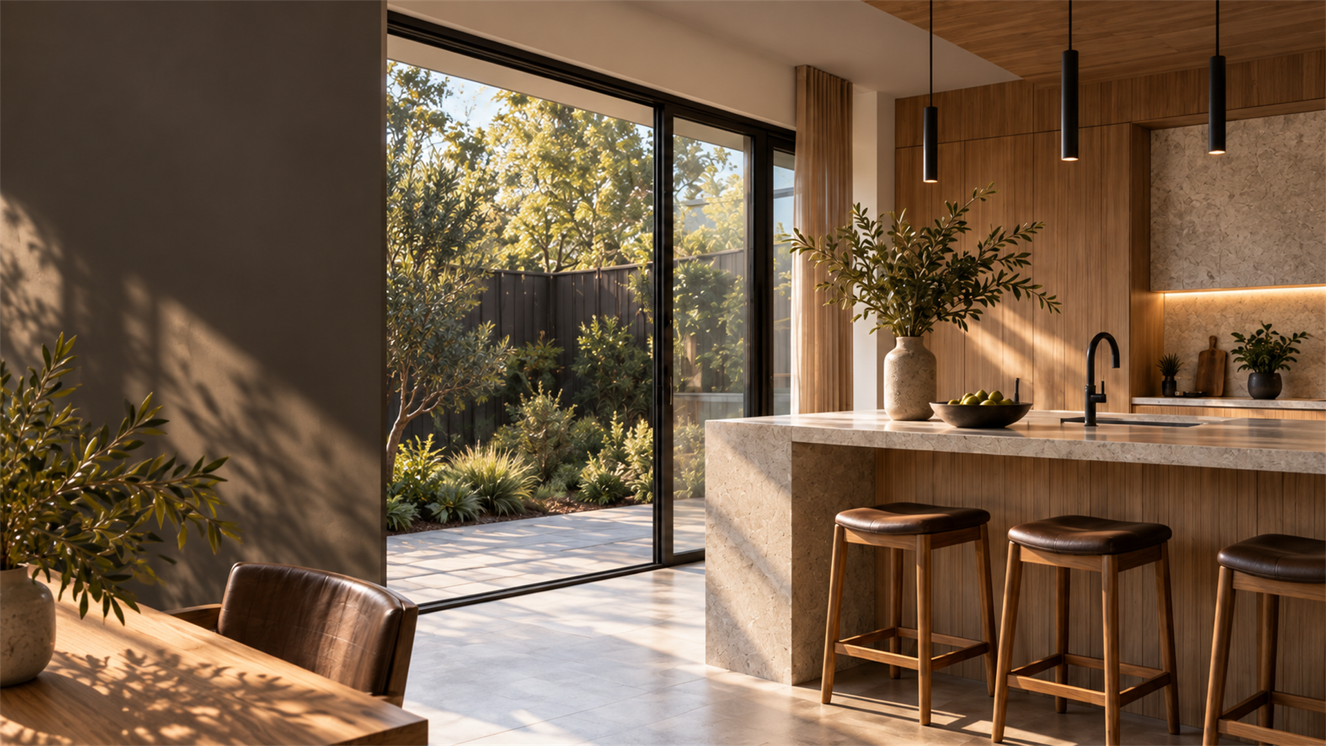 Warm timber kitchen with an island, stools and a garden outlook